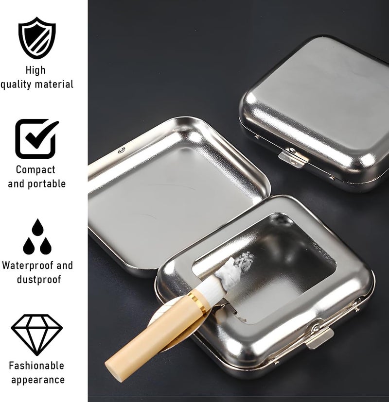 SHMZK Mini Portable Ashtrays, Metal Pocket Dustproof Car Ash Tray with Lid, Compact Square Windproof Car Cigar Ashtrays, Decorative Cigarette Snuffers Ashtray for Car Home Office (Gray) - Image 4